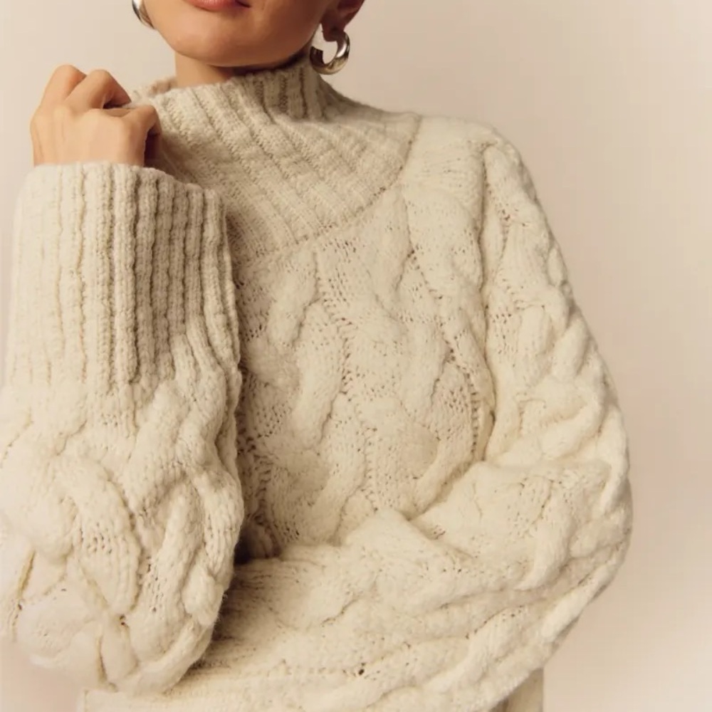 Reformation Jax Cable Knit Crop Turtleneck Ivory Sweater